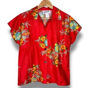 Pomare Hawaii Vintage Red Asian Floral Motif Short Sleeve Button Down Shirt Sz M